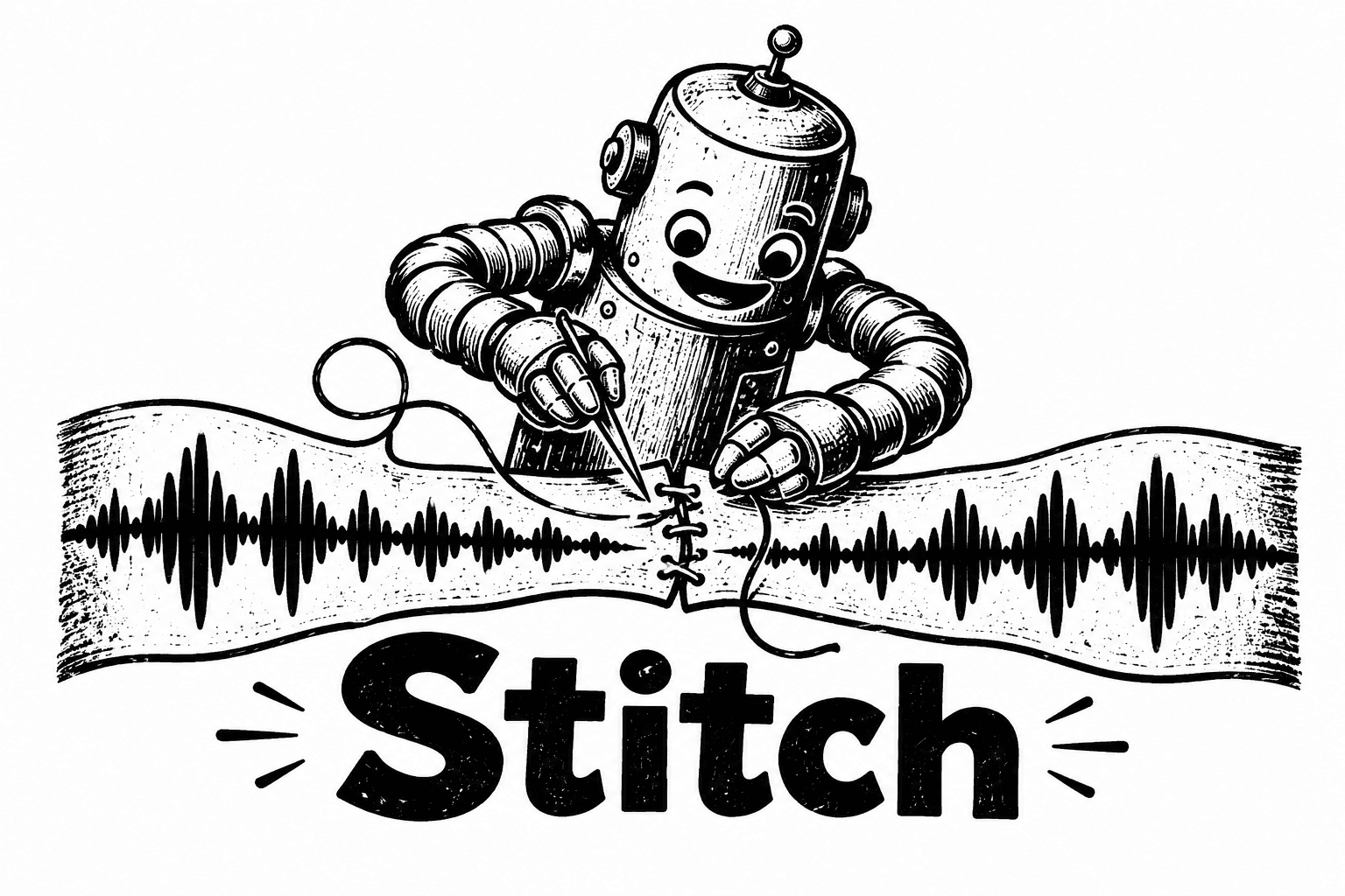 A friendly robot stitching two waveforms together above the word Stitch
